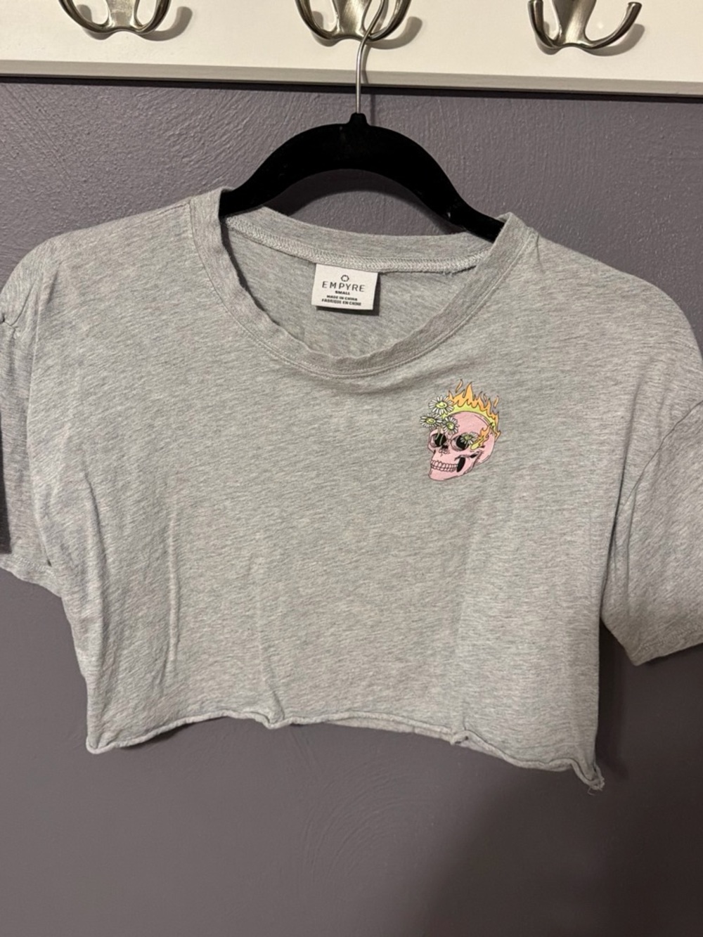 Empyre Light Gray Cropped Tee with Pink Flaming Skull Patch